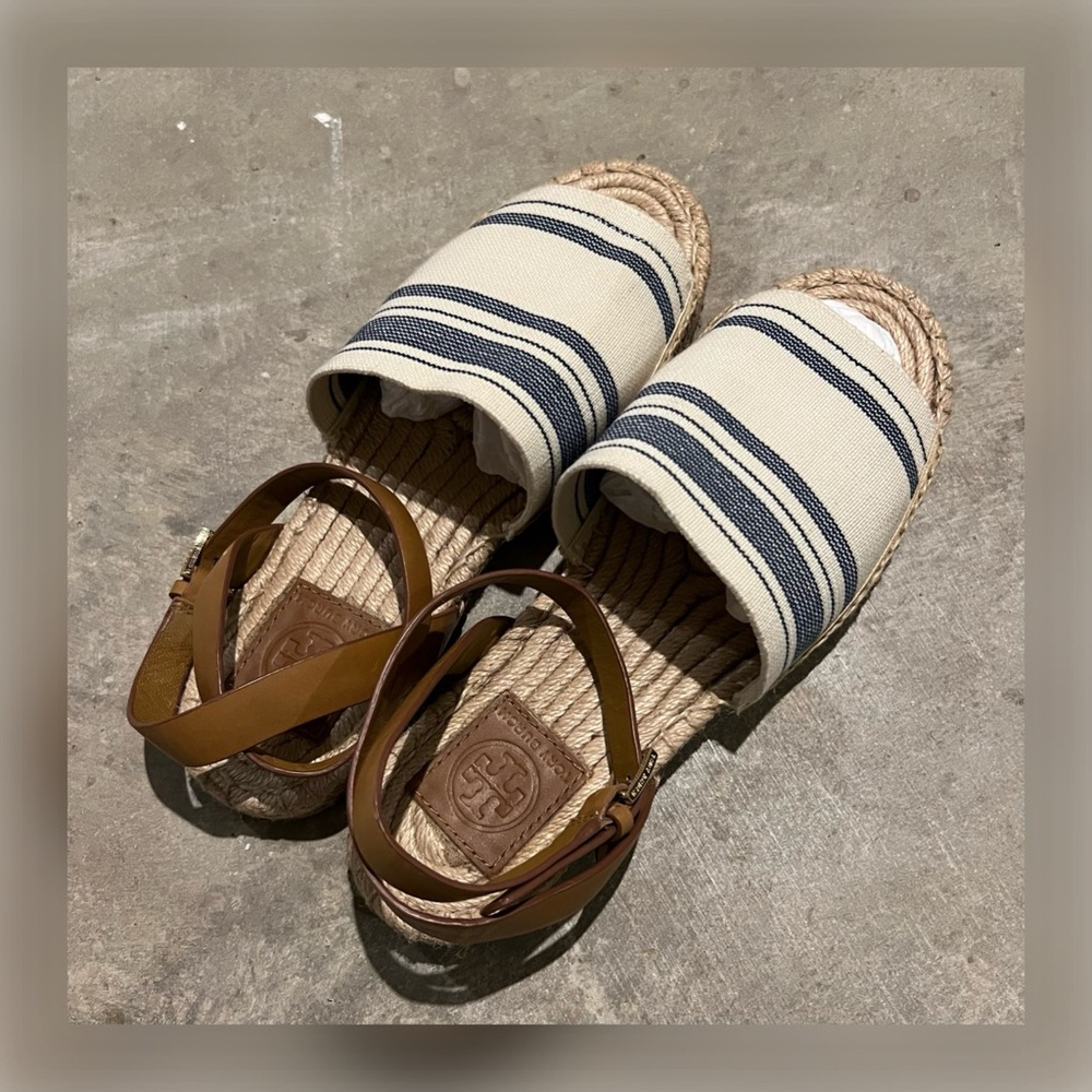 TORY BURCH Stretch-Canvas Espadrille Sandal Ivory/Navy Blue